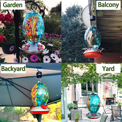 Blown Glass Hummingbird Feeder With 27 Oz Capacity For Outdoor Garden Decor Includes Ant Moat And Cleaning Brush Blue Fireworks Accent A Mom Friendly Gift For Women And Nature Lovers The Go To Backyard Bird Watching Accessory hanging in garden, balcony, backyard, and yard settings.