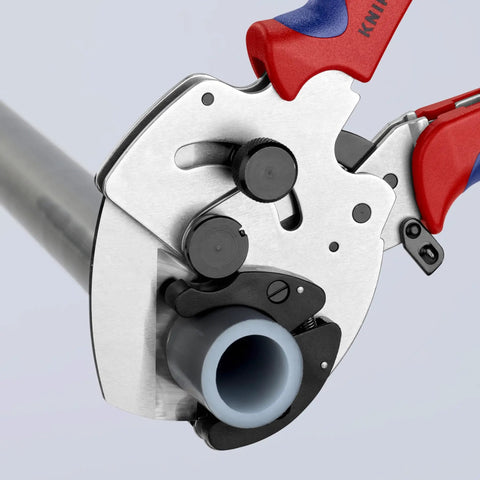 Close-up of Heavy Duty PVC Pipe Cutter With Adjustable Pipe Supports For 26 To 40 mm Plastic And Composite Pipes, showing cutting blade.