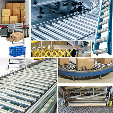 Heavy Duty Stainless Steel Gravity Roller 2 Inch For Warehouse Conveyor Belts Unpowered Transmission Parts With 12Mm Axle And 5.9 Inch Length Pack Of 2 visible in a collage demonstrating loading and conveyor setups.