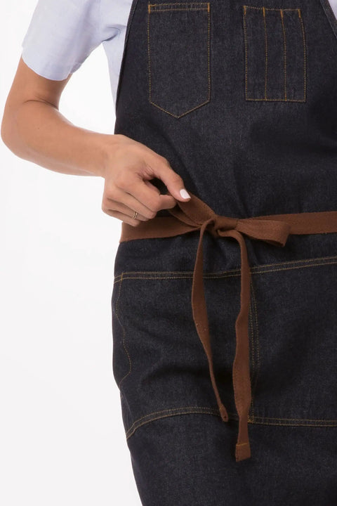 Unisex Memphis Bib Apron In Indigo Blue With Adjustable Neck Buckle and Waist Ties Durable Kitchen Waitstaff Apron for Front and Back of House