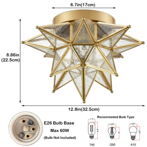 Moravian Star Flush Mount Ceiling Light With Seeded Glass Shade 12.8 Inch Gold Brass Fixture dimensions and bulb base details.
