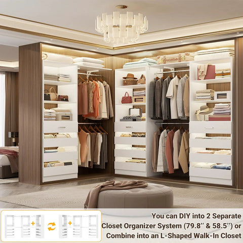 Heavy-Duty All-In-One Closet Organizer System With Extendable Hanging Rods Spacious Drawer Units And Flexible Wooden Shelving in a stylish modern design.