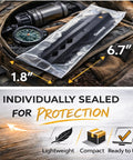 Sealed camping tool with compass in a backpack, dimensions shown, promoting lightweight, compact, and protective features.
