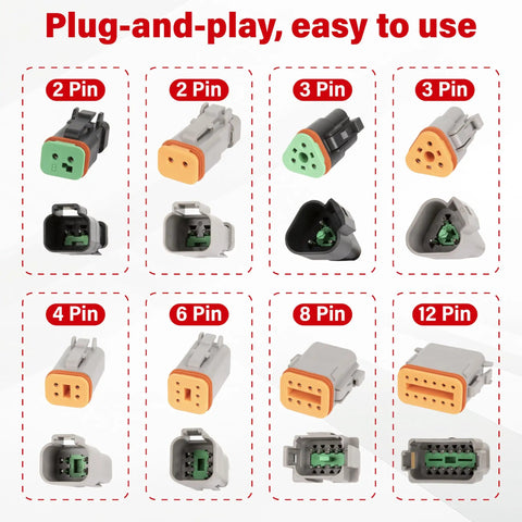 Various pin wiring harness connectors including 2 Pin Wiring Harness Connector Kit Plug And Play 2 Male 2 Female Waterproof Automotive Electrical Connectors 16 AWG With Heat Shrink Tubing For Car Truck Boat Grey Finish in product range.