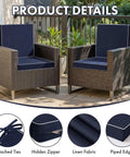 Navy Outdoor Chair Cushions Set Of 4, 18.5x16x3 Inches, displayed on wicker chairs, highlighting attached ties, hidden zipper, and linen fabric.