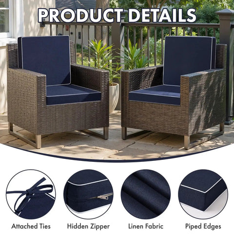 Navy Outdoor Chair Cushions Set Of 4, 18.5x16x3 Inches, displayed on wicker chairs, highlighting attached ties, hidden zipper, and linen fabric.