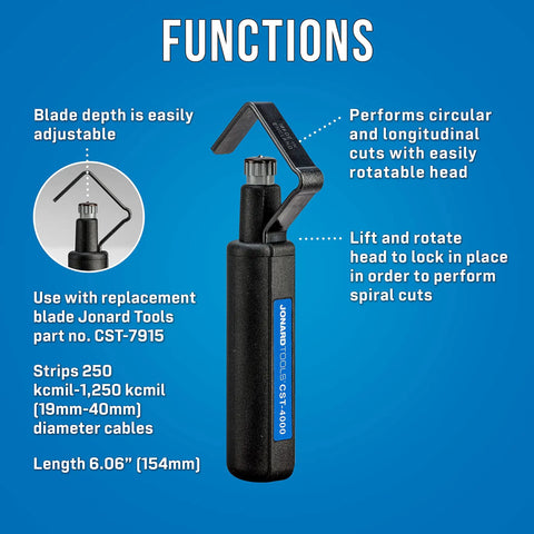 Round Cable Stripper CST-4000 With Patented Spiral Stripping Mode For Fast, Precise Jacket Removal On Large Cables From 3/4 To 1-5/8 Inch Diameter That Cuts Through PVC, Rubber, PE And More