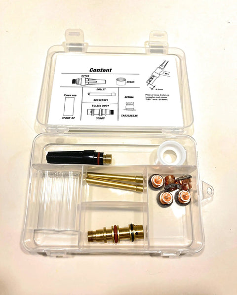 Gas Saver Kit For TIG Welding Torch 3 Series With Retina Collet Clear Glass Cup kit components visible in clear box