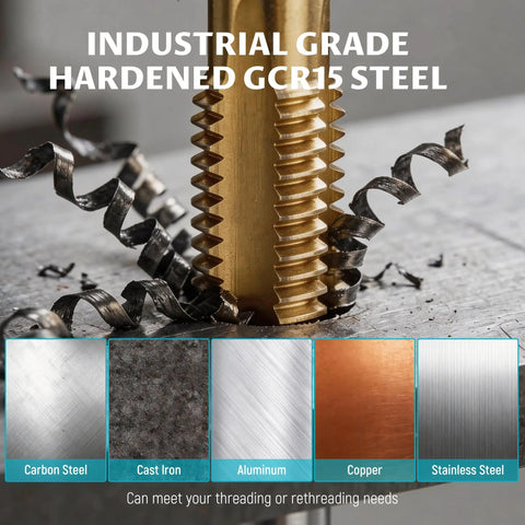 Close-up of industrial-grade hardened GCR15 steel tap creating threads in metal, from 86pc Tap And Die Set For Threading SAE And Metric Sizes M3 To M16 Pro Grade Tool Kit With 39 Taps And 39 Dies, 2 Tap Wrenches, 2 Die Wrenches, T Handle Tap Wrench, Thread Gauges, Screwdriver, Storage Case.