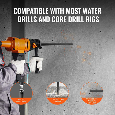 Pro Grade Wet Diamond Core Drill Bit One And One Quarter Inch, Fourteen Inch Drilling Depth For Concrete Brick And Block
