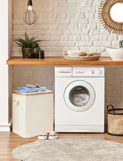 Beige 60L Collapsible Laundry Basket With Lid, Waterproof Oxford Fabric Tote With Bamboo Frame in modern laundry room