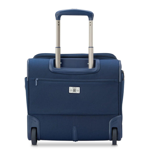 Lightweight Underseat Carry-On Luggage With 2 Wheels, Navy Blue, 16 Inch, showing back with handle and wheels extended.