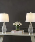 Midcentury Modern LED Table Lamp Set Of 2 With USB Charging Port Gourd Clear And Chrome Finish Iron Frame Linen Shade 22.25 Inch LED Bulbs Included Lit Nightstand Lamps displayed on white table