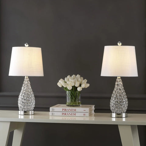 Midcentury Modern LED Table Lamp Set Of 2 With USB Charging Port Gourd Clear And Chrome Finish Iron Frame Linen Shade 22.25 Inch LED Bulbs Included Lit Nightstand Lamps displayed on white table
