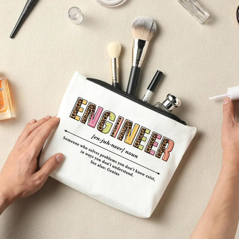 Makeup Bag for Engineers Women Students - Durable Canvas Cosmetic Organizer 10 By 6 Inches with tools and brushes displayed.
