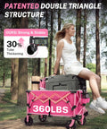 Woman sitting on 38 Inch Long Foldable Wagon Hauler With 360 Lb Load Capacity For Grocery Runs Camping And Beach Trips 220L Folding Utility Garden Cart With Detachable Wheels Lightweight 17 Lb Pink in a park