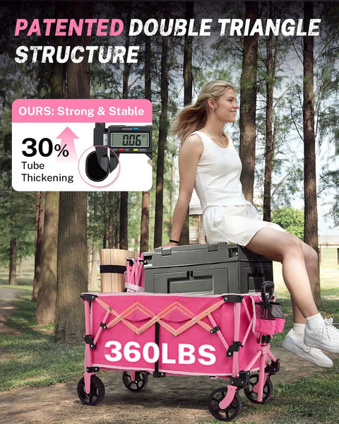 Woman sitting on 38 Inch Long Foldable Wagon Hauler With 360 Lb Load Capacity For Grocery Runs Camping And Beach Trips 220L Folding Utility Garden Cart With Detachable Wheels Lightweight 17 Lb Pink in a park
