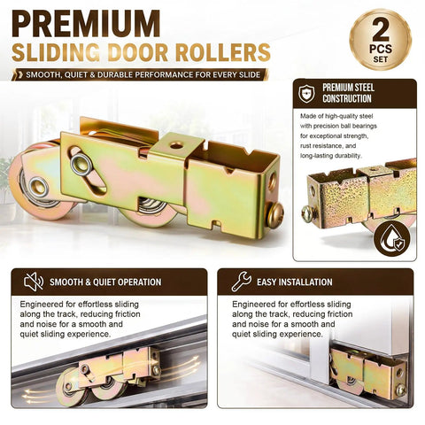 Two Pack One And One Eighth Inch Sliding Door Rollers Replacement Kit With Steel Ball Bearing Tandem Wheels For Glass Patio Doors Heavy Duty Roller Assembly, 2 pcs, steel