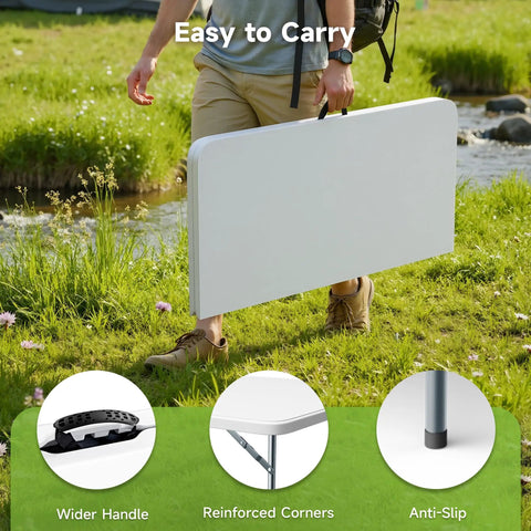 Person carrying Sturdy 3 Ft Square Folding Card Table With Carry Handle, Portable 34 By 34 Inch Folding Desk, outdoors.