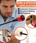 Heavy Duty Drill Bit Extension Set With Three Eighth Inch Hex Shank And Extra Long Forstner Bit Adapter in use for cabinetry projects.