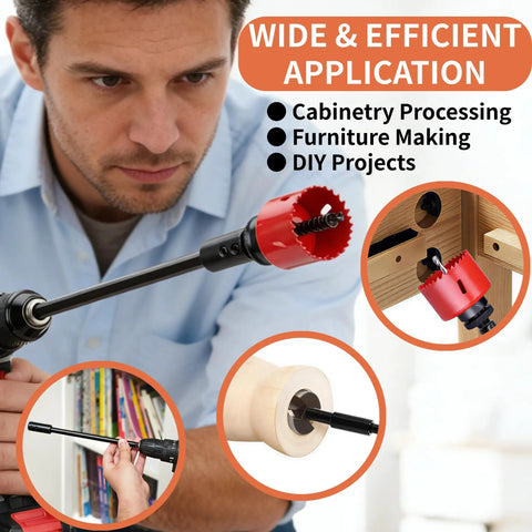 Heavy Duty Drill Bit Extension Set With Three Eighth Inch Hex Shank And Extra Long Forstner Bit Adapter in use for cabinetry projects.