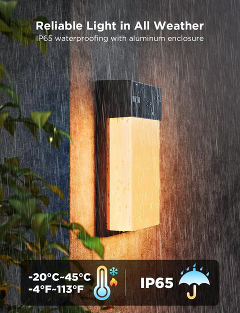 Next Level Outdoor Wall Lights Two Pack Smart RGBIC Porch Fixtures mounted on a wall under rain featuring IP65 aluminum housing.