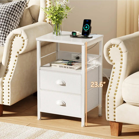 White End Table With Built In Charging Station And USB Ports Nightstand With Outlets Storage Shelf Fabric Drawers Hooks