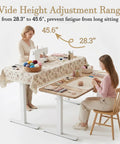 Sleek Tile Adjustable Height Sewing Table, 47 Inch Maple Workbench With Smart Memory Presets, woman sewing at adjustable height.