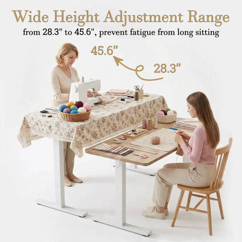 Sleek Tile Adjustable Height Sewing Table, 47 Inch Maple Workbench With Smart Memory Presets, woman sewing at adjustable height.