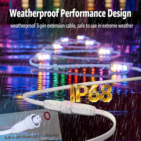 Heavy Duty 10 Foot Extension Cord For Govee Prism Outdoor Lights in rain, featuring weatherproof 3-pin design and IP68 rating.