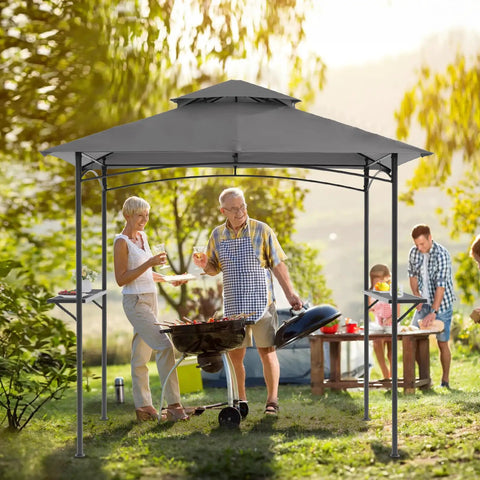 Grill Gazebo 8x5 Outdoor Patio Shelter With Double Tier Canopy, Rustproof Steel Frame and Bar Counters in backyard setup