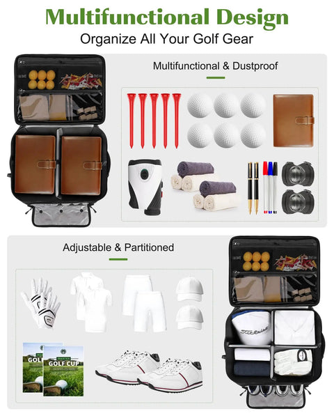 Golf Trunk Organizer With Two-Layer Storage And Shoe Pocket, holds golf balls, tees, apparel, shoes, durable EVA, black.