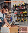 Power Tool Organizer With 10 Outlet Power Strip Four Tier Wall Mount Drill Holder And Charging Station Stores 4 Drills On Bottom Shelf With Batteries And Chargers On Upper Levels For Your Garage Or Shop Black