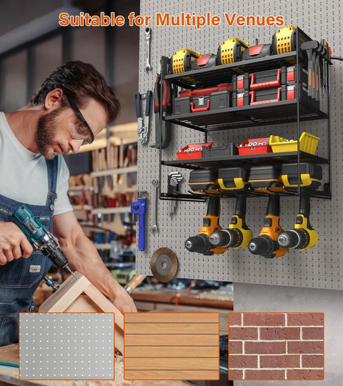 Power Tool Organizer With 10 Outlet Power Strip Four Tier Wall Mount Drill Holder And Charging Station Stores 4 Drills On Bottom Shelf With Batteries And Chargers On Upper Levels For Your Garage Or Shop Black
