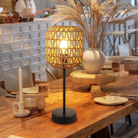 Rustic Rattan Table Lamp With Handmade Woven Shade, Dimmable Touch Control Boho Nightstand Light on wooden table
