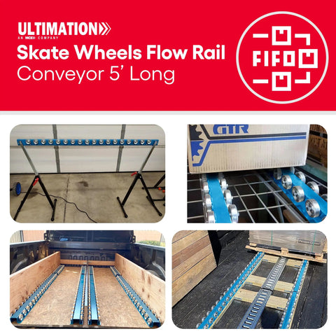 5 foot heavy duty conveyor flow rail with smooth steel skate wheels for material handling and warehouse setup