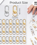 Eighty Piece Swivel Lobster Clasps In Shiny Gold And Silver Finishes displayed with size details and keychain usages.