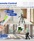 Rock Solid 360 Self Leveling Green Laser Level with 12 Dead On Cross Lines setup, remote control usage at construction site.