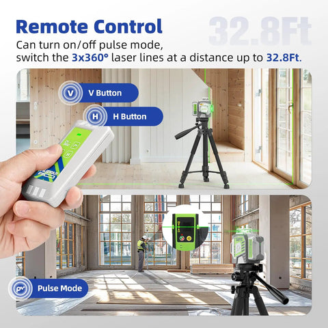 Rock Solid 360 Self Leveling Green Laser Level with 12 Dead On Cross Lines setup, remote control usage at construction site.