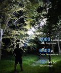 Man using TacticPro 2000 Lumen HID Spotlight Floodlight for life-sized shadow on forest trees at night.