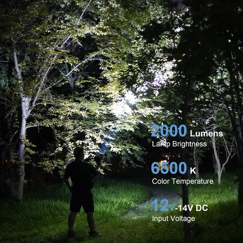 Man using TacticPro 2000 Lumen HID Spotlight Floodlight for life-sized shadow on forest trees at night.