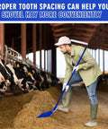 Man using Three Piece Set Heavy Duty Manure Fork With Long Metal Handles Muck Rake For Stall Cleanup And Garden Work Built Tough For Horse Stalls Hay Bales Blue in barn with cows