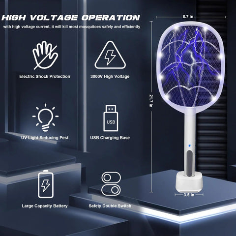 3 Pack Electric Fly Swatter Rackets For Home And Outdoor Use, 21.7 inch length, USB charging, 3000V bug zapper with safety switch.