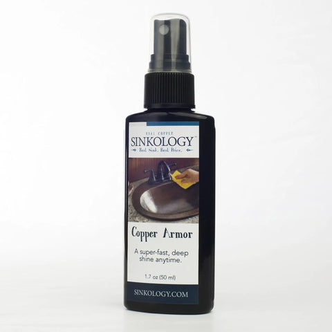 Copper Armor sink polish by Sinkology in 1.7 oz bottle for enhancing vessel sink kits with high gloss black copper finish.