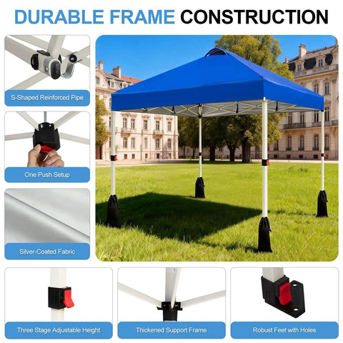 10x10 Pop Up Canopy Tent With One Button Push Setup, adjustable height feature, blue canopy with durable frame outdoor use