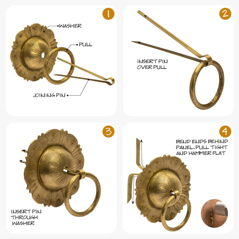 Installation steps for Brilliant Sun Brass Cabinet Pulls Set Of 2 4.5 Inch Wide Architectural Hardware with joining pins.