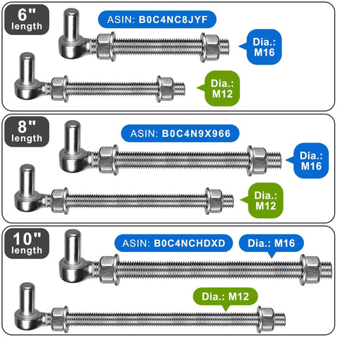 6, 8, and 10-inch J Bolt Gate Hinges with M12 and M16 diameters, showcasing 304 stainless steel construction for farm gates.