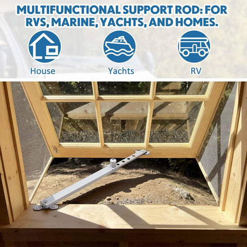 Heavy Duty Stainless Steel Boat Hatch Lid Stay Rod And Adjustable Marine Window Holder With Tough As Nails Build and Slide Free Adjustment For RV Yachts Deck Boxes And Skylights That Will Not Budge installed in a wooden window frame.