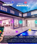 Person using smartphone to control 11 Inch WiFi Smart LED Flush Mount Light For Indoor And Outdoor Use, showing multiple color modes.