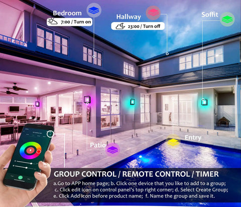 Person using smartphone to control 11 Inch WiFi Smart LED Flush Mount Light For Indoor And Outdoor Use, showing multiple color modes.